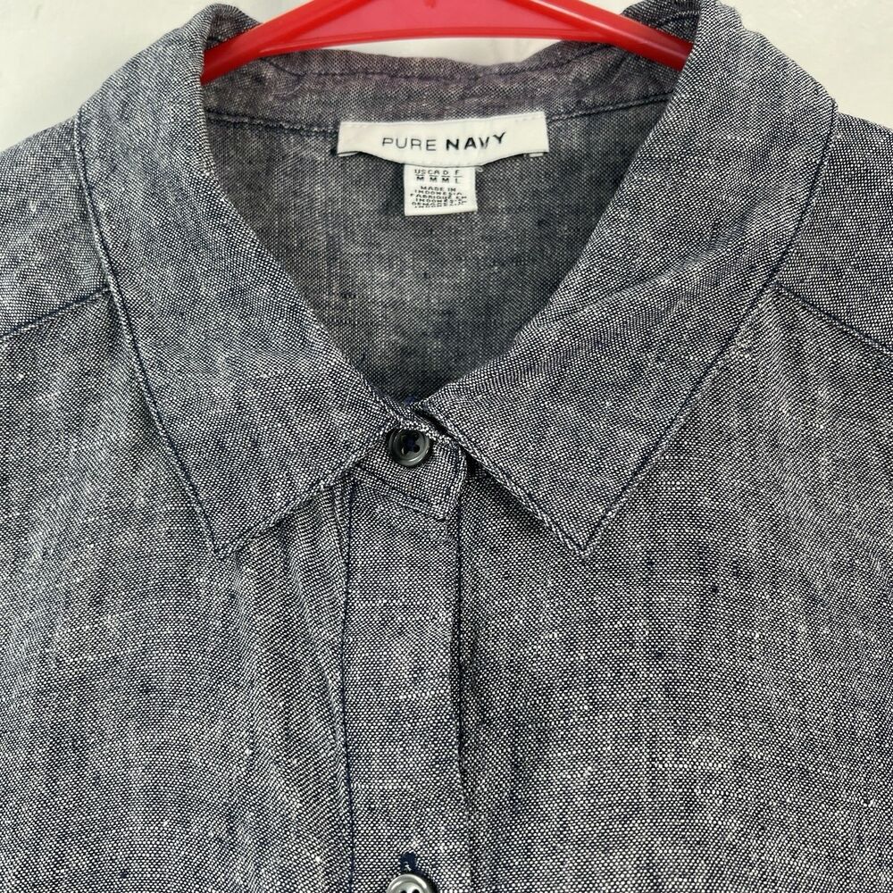 Pure Navy Blue Shirt Dress Collared Sleeveless Button Knee Length 100% Linen M - Picture 7 of 12